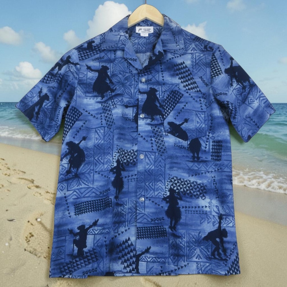 Malihini Vintage Hawaiian Shirt Mens M Blue Hula Dancer Tribal Print Aloha Camp